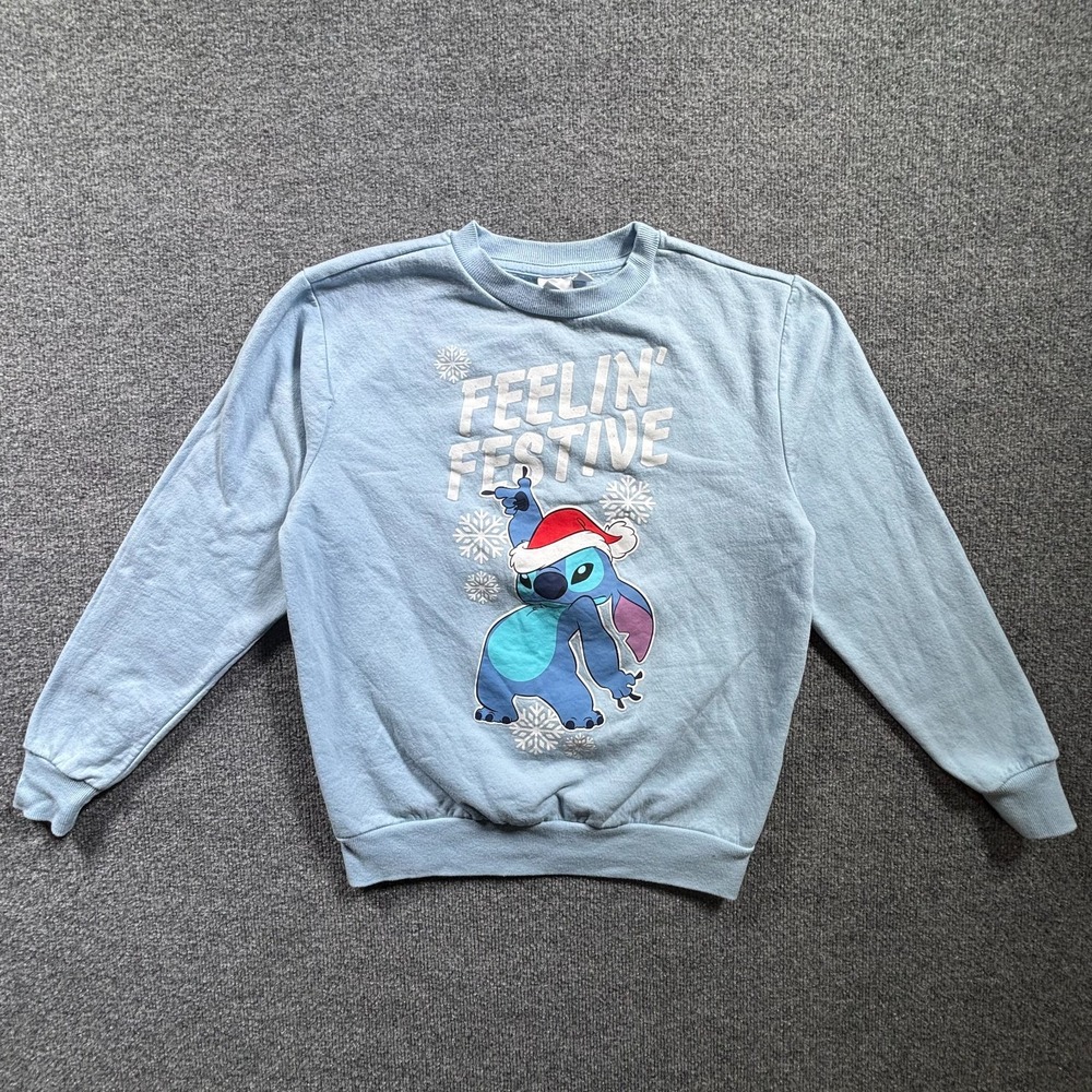 Disney Stitch Sweatshirt Womens S Blue Feelin Festive Holiday Graphic Pullover